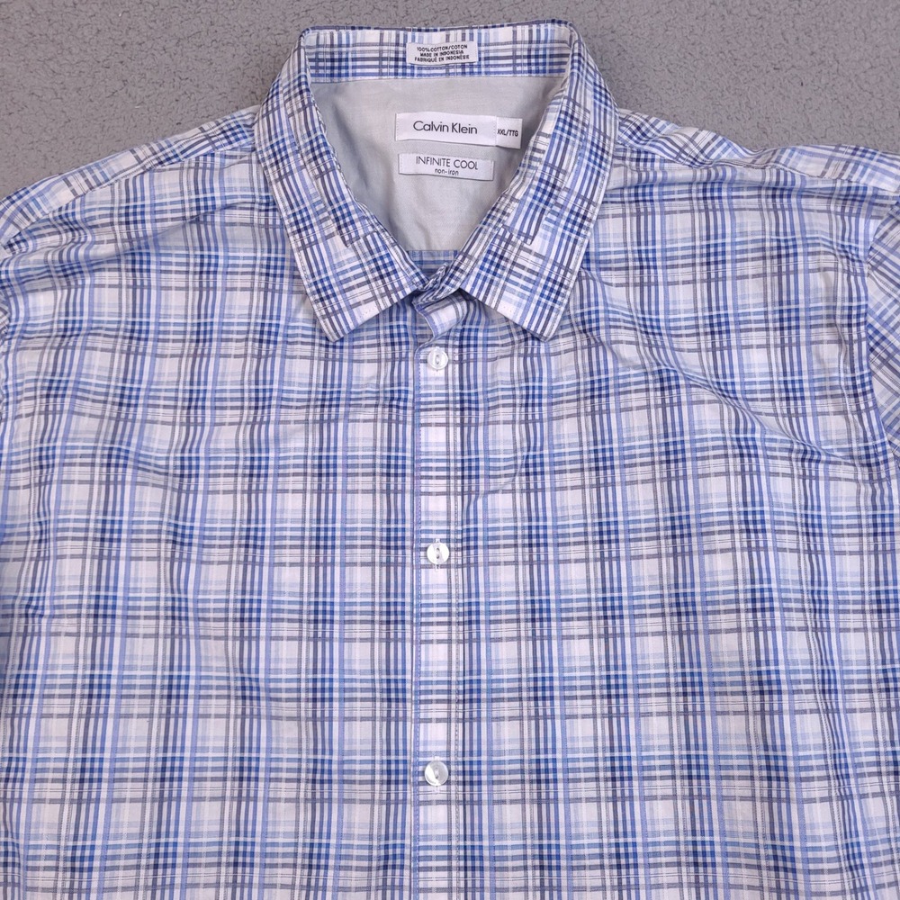 Calvin Klein Infinite Cool Shirt Mens XXL Blue Plaid Non-Iron Cotton Button Down